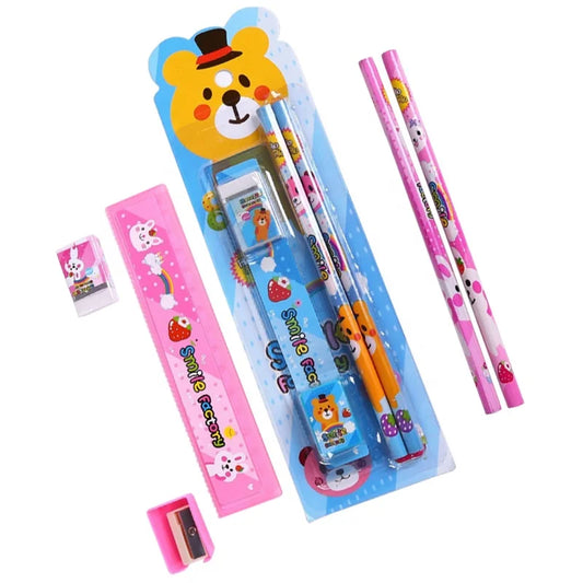 HKM-921875 5-Piece Kids' School Supplies Set with Pencil, Ruler, and Eraser in Pink and Blue