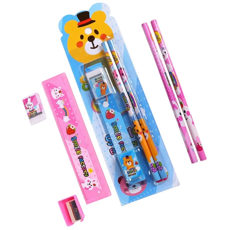 HKM-921875 5-Piece Kids' School Supplies Set with Pencil, Ruler, and Eraser in Pink and Blue