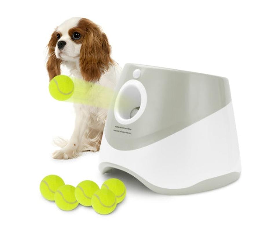 HKM-921939 Self-Pickup Automatic Dog Ball Launcher for Small to Medium Dogs – Interactive Indoor/Outdoor Toy with 3 Launching Ranges, 6 Chewable Mini Tennis Balls Included