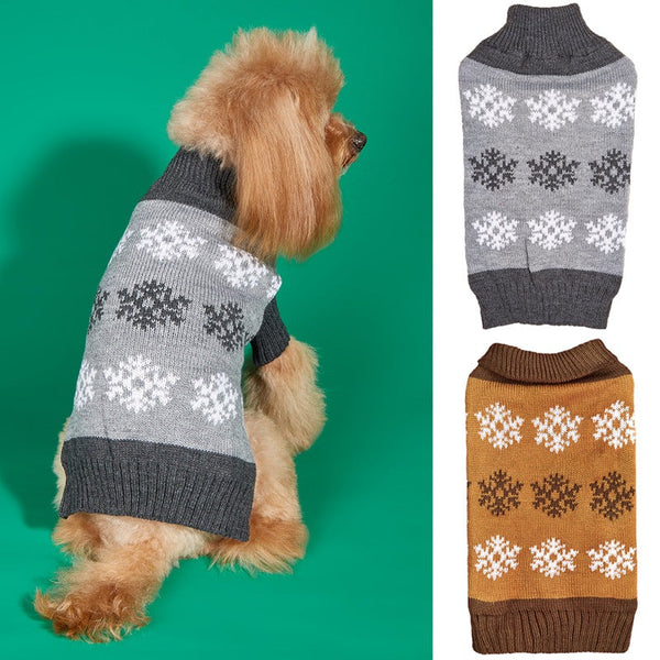 HKM-9222333 Cozy Snowflake Dog Sweater in Brown and Gray for Autumn and Winter Celebrations