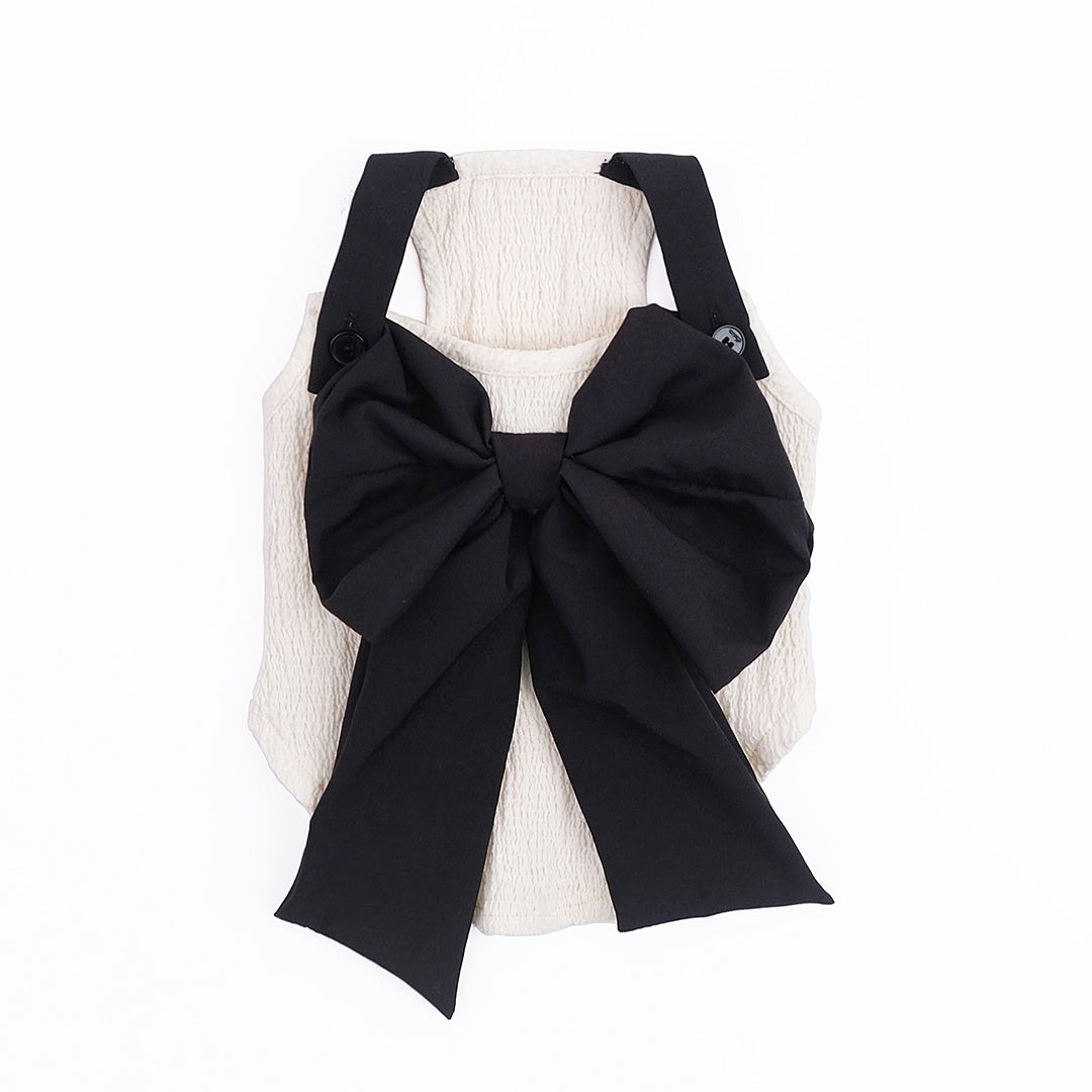 HKM-9224893 Beige Tank Top with Black Silk Bow in Stylish Leisure Fit