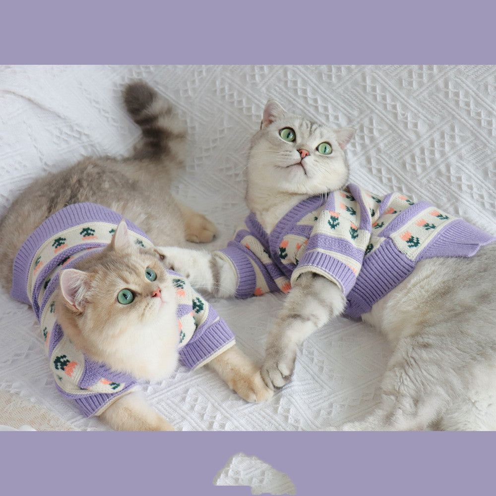 HKM-9228093 Retro Purple Flower Knitted Sweater for Pets - Autumn and Winter Fashion