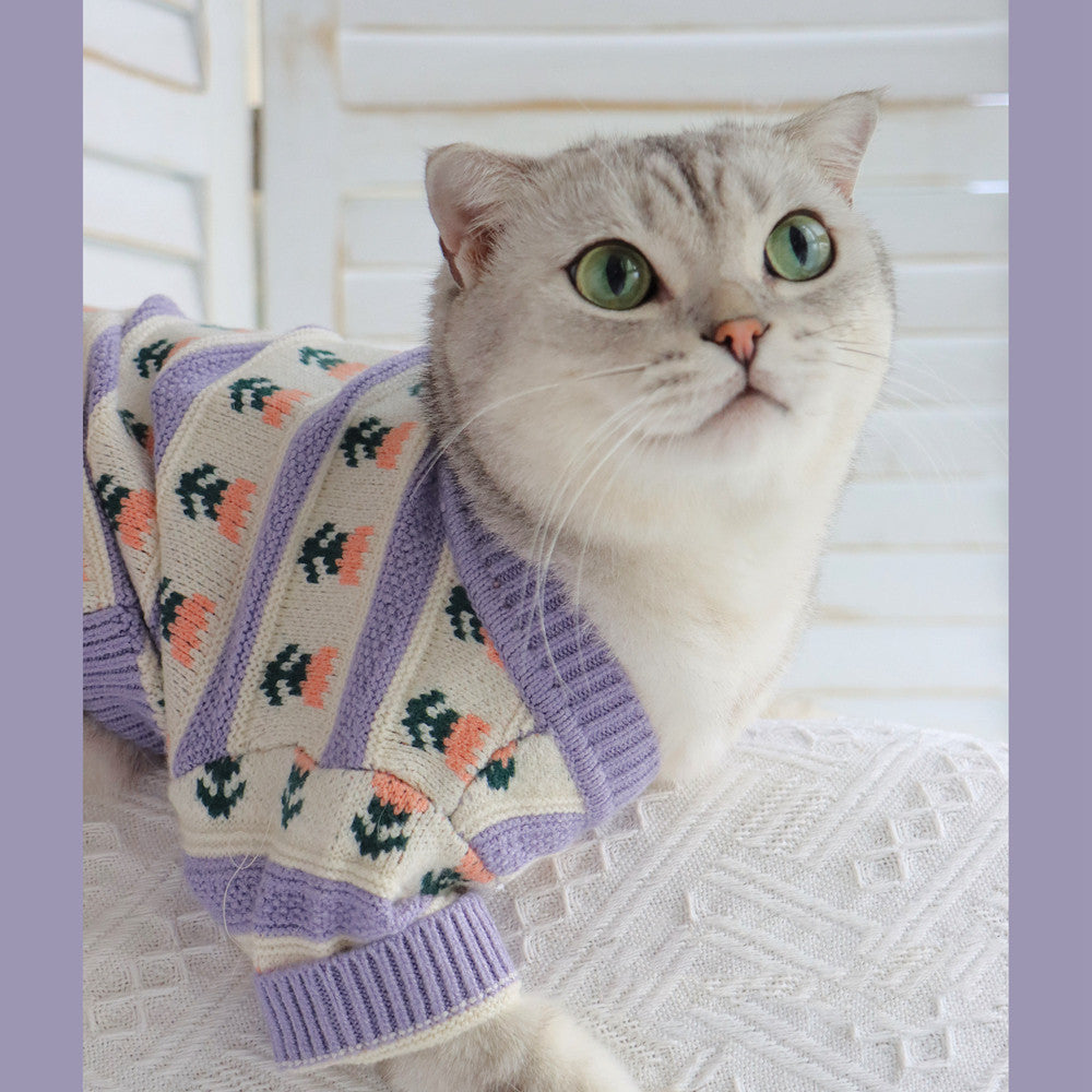 HKM-9228093 Retro Purple Flower Knitted Sweater for Pets - Autumn and Winter Fashion