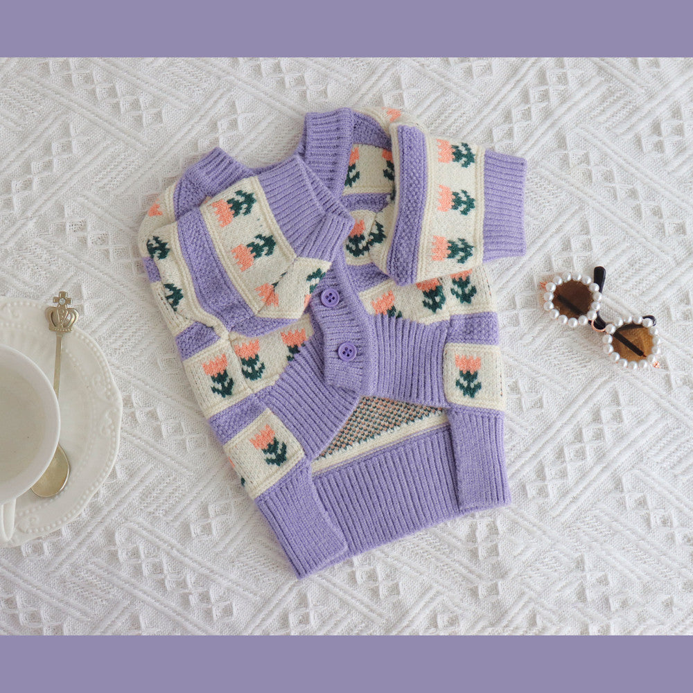 HKM-9228093 Retro Purple Flower Knitted Sweater for Pets - Autumn and Winter Fashion