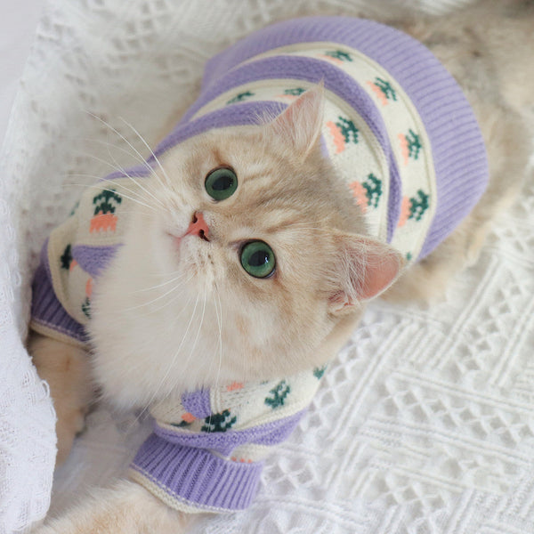 HKM-9228093 Retro Purple Flower Knitted Sweater for Pets - Autumn and Winter Fashion