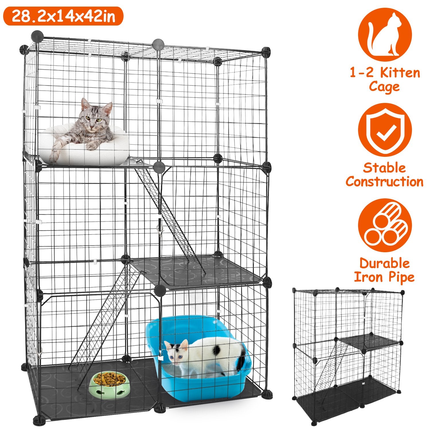 HKM-9233725 3-Tier Metal Cat Playpen with 3 Doors and 2 Ladders – Large Indoor Cat House for 1-2 Cats