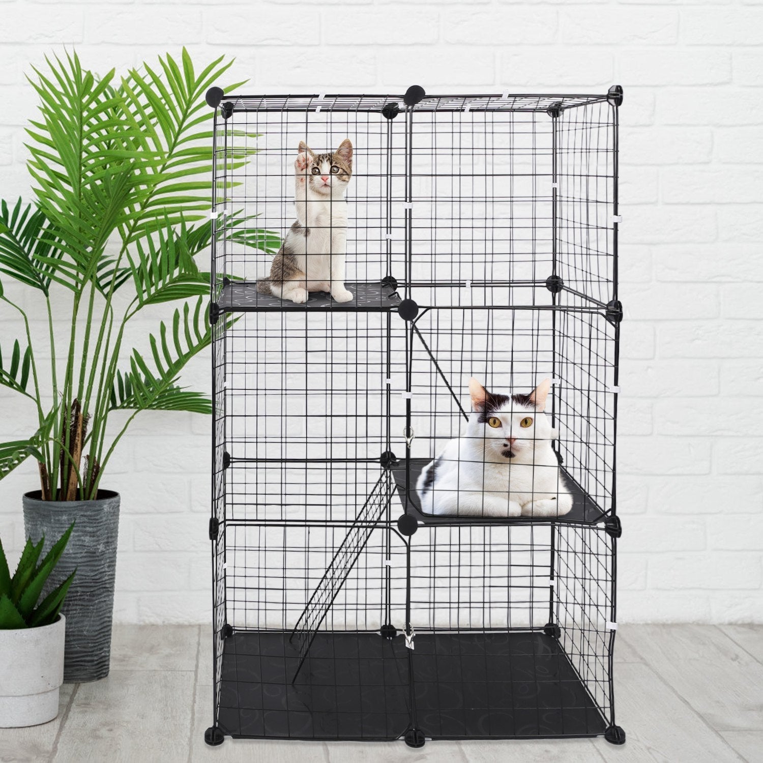 HKM-9233725 3-Tier Metal Cat Playpen with 3 Doors and 2 Ladders – Large Indoor Cat House for 1-2 Cats