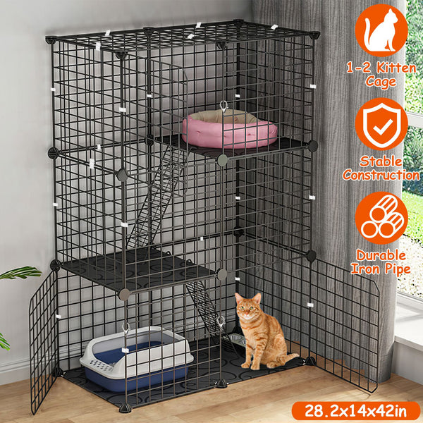 HKM-9233725 3-Tier Metal Cat Playpen with 3 Doors and 2 Ladders – Large Indoor Cat House for 1-2 Cats