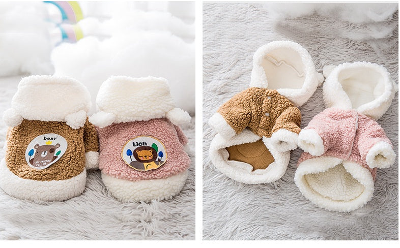HKM-9234493 Warm Two-Legged Cotton Pet Clothes for Cats - Plus Velvet Cartoon Style in Brown Bear and Pink Lion