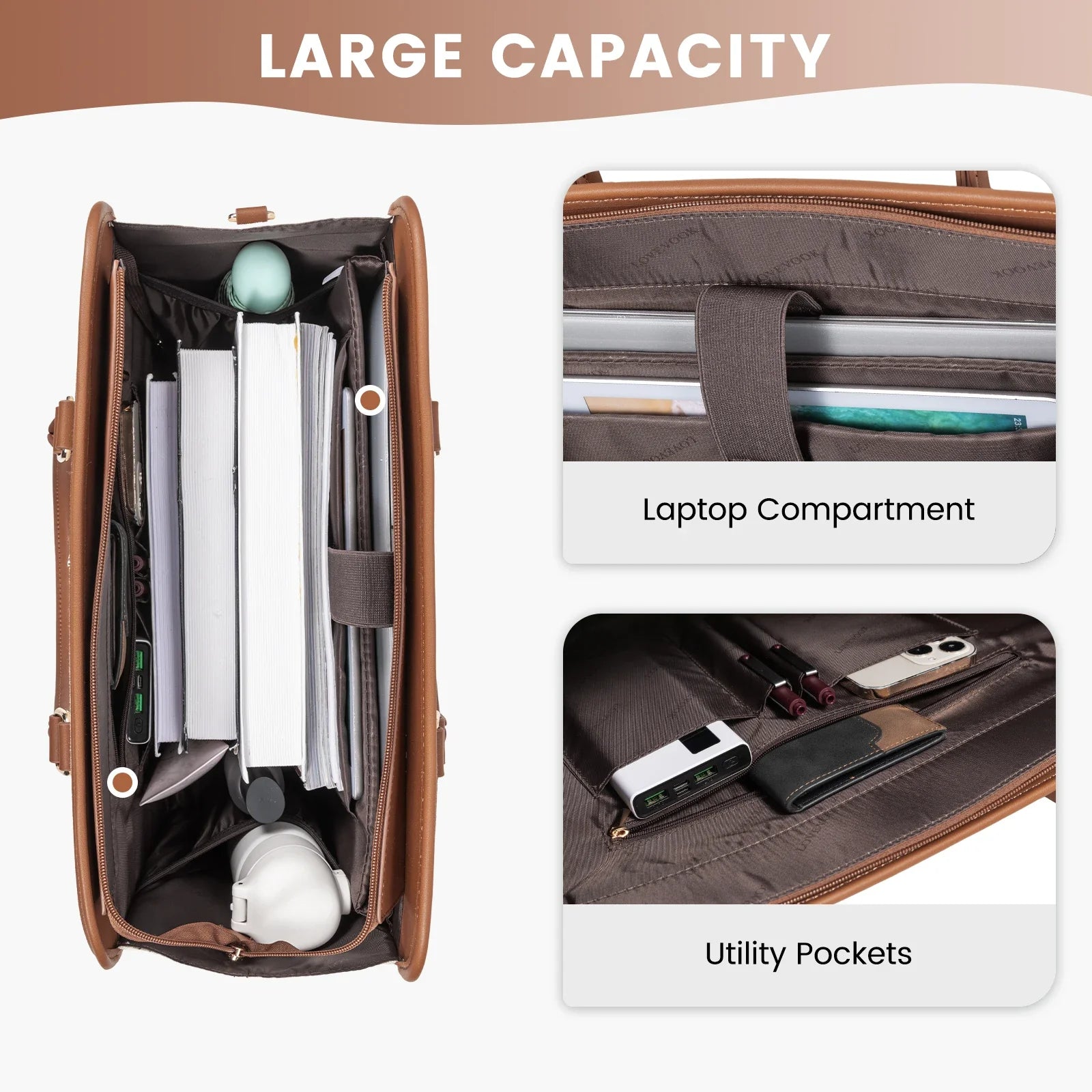 HKM-923603 Canvas Leather Office Tote Handbag for Women - Large Capacity Business Briefcase for Work and Laptop