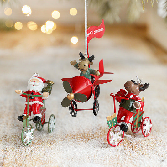 HKM-923859 Creative Resin and Wrought Iron Christmas Pendant with Santa Claus and Elk Tricycles