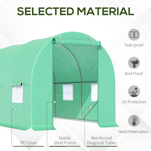 HKM-9239485 Walk-in Tunnel Greenhouse 15' x 6' x 7' with Roll-Up Door and Ventilation Windows, Green