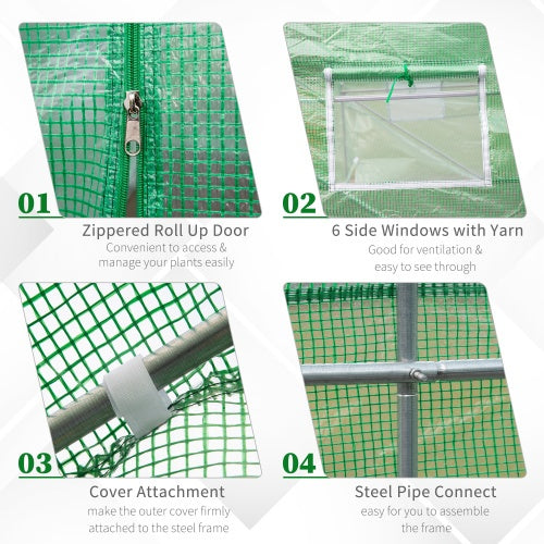 HKM-9239485 Walk-in Tunnel Greenhouse 15' x 6' x 7' with Roll-Up Door and Ventilation Windows, Green
