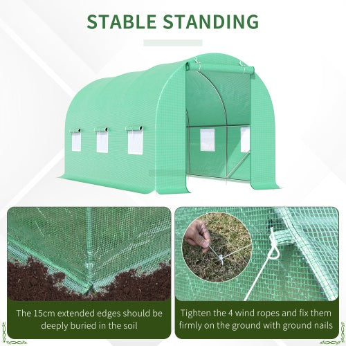 HKM-9239485 Walk-in Tunnel Greenhouse 15' x 6' x 7' with Roll-Up Door and Ventilation Windows, Green
