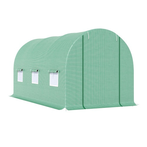 HKM-9239485 Walk-in Tunnel Greenhouse 15' x 6' x 7' with Roll-Up Door and Ventilation Windows, Green
