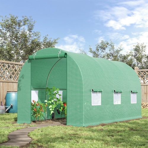 HKM-9239485 Walk-in Tunnel Greenhouse 15' x 6' x 7' with Roll-Up Door and Ventilation Windows, Green