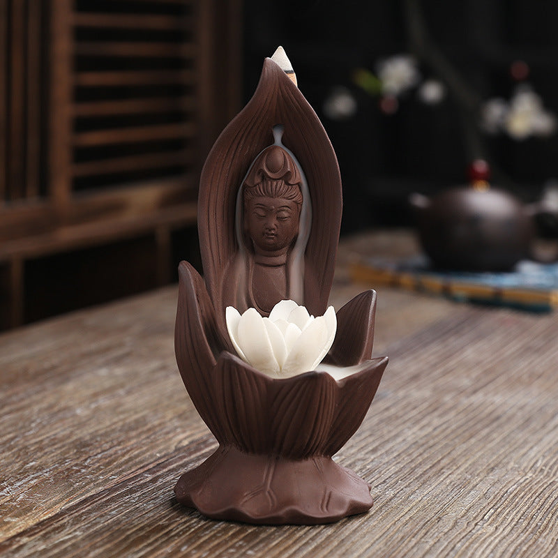 HKM-923987 Lotus Guanyin Backflow Incense Burner - Purple Sand Aromatherapy Home Decoration Craft
