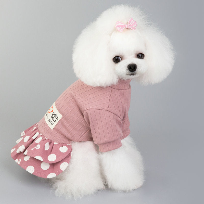 HKM-9242173 Cute Smiley Polka Dot Cotton Pet Dress for Female Dogs in Blue and Pink