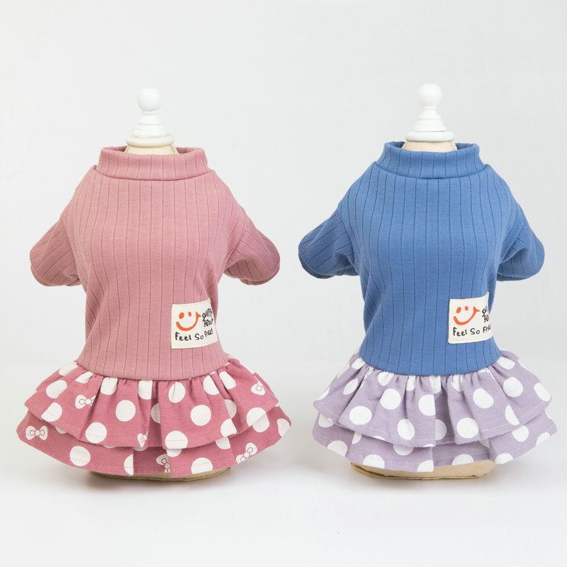 HKM-9242173 Cute Smiley Polka Dot Cotton Pet Dress for Female Dogs in Blue and Pink
