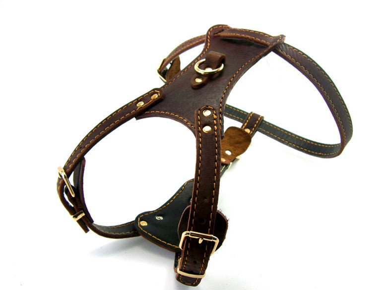 HKM-9243581 Thickened Cowhide Double Layer Chest and Back Harness for Medium to Large Dogs