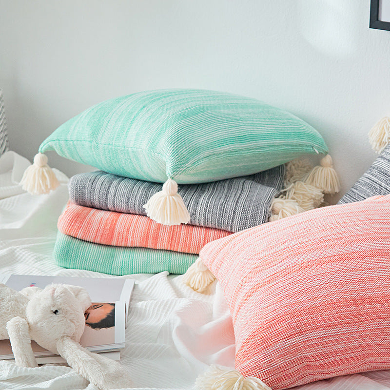 HKM-924371 Knitted Cotton Sofa Cover Blanket with Tassels - Available in Orange, Mint Green, and Gray, 130x180cm