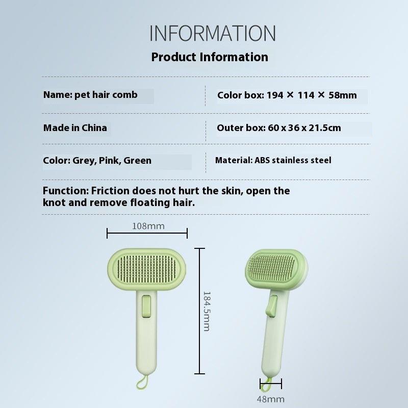 HKM-9247165 One-Click Cat and Dog Grooming Comb with Stainless Steel Blades, Available in Light Green, Pink, Light Gray