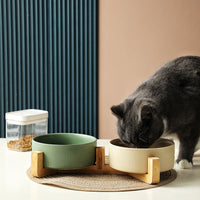 HKM-9247421 Ceramic Anti-Tumble Pet Bowl with Wooden Frame - Multiple Colors Available