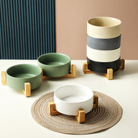 HKM-9247421 Ceramic Anti-Tumble Pet Bowl with Wooden Frame - Multiple Colors Available