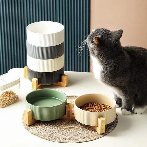 HKM-9247421 Ceramic Anti-Tumble Pet Bowl with Wooden Frame - Multiple Colors Available