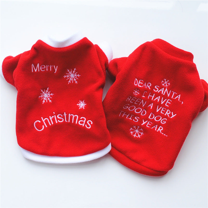 HKM-9251901 Cozy Fleece Christmas T-Shirt for Puppies - Red with White Snowflakes, Sizes XS to L