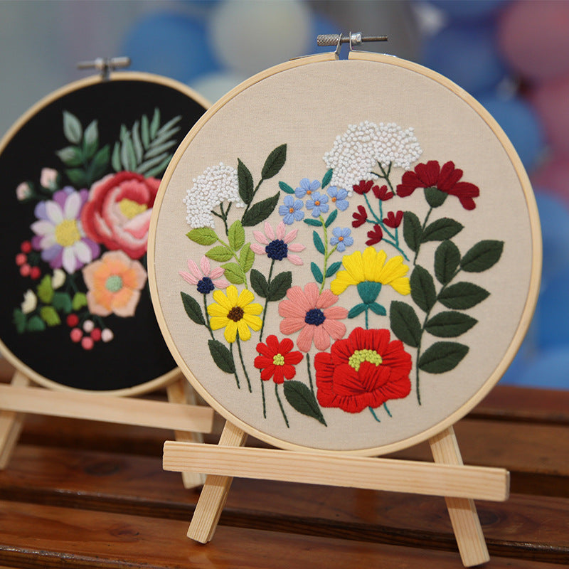 HKM-925203 Beginner's DIY Hand Embroidery Kit - Canvas with Floral and Leaf Patterns, Complete Material Package