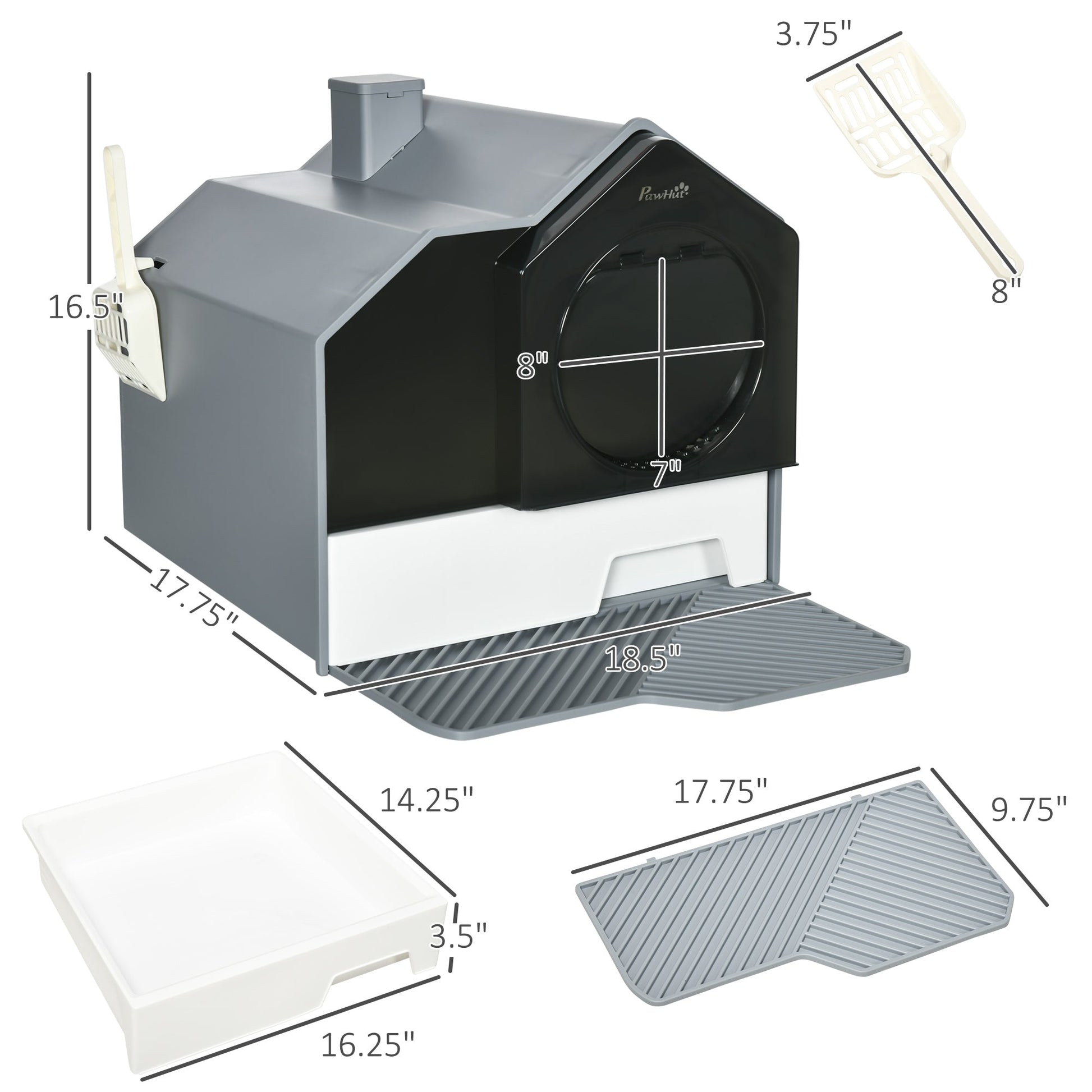 HKM-9252797 Enclosed Gray Cat Litter Box with Drawer, Litter Mat, and Deodorizers