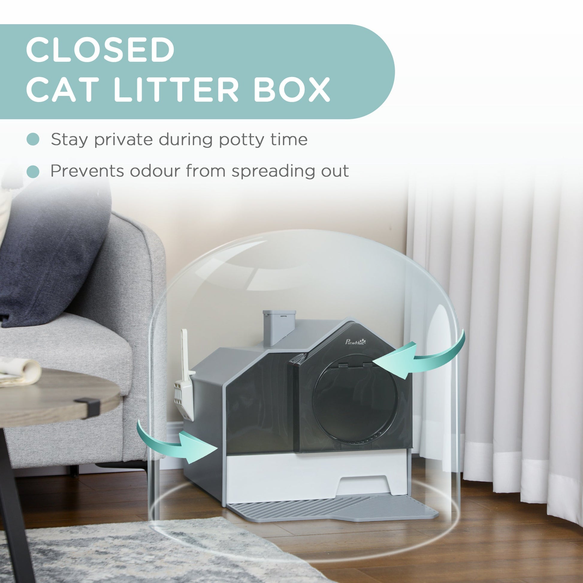 HKM-9252797 Enclosed Gray Cat Litter Box with Drawer, Litter Mat, and Deodorizers