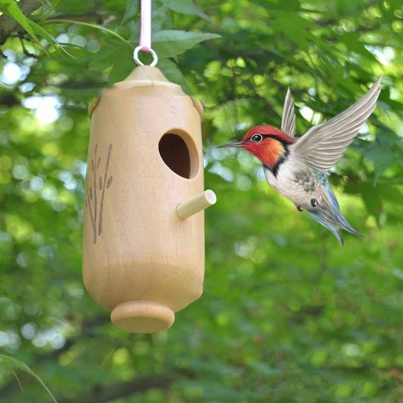 HKM-925459 Wooden Hummingbird Hanging Swing Nest House for Birds, 13x5x5cm