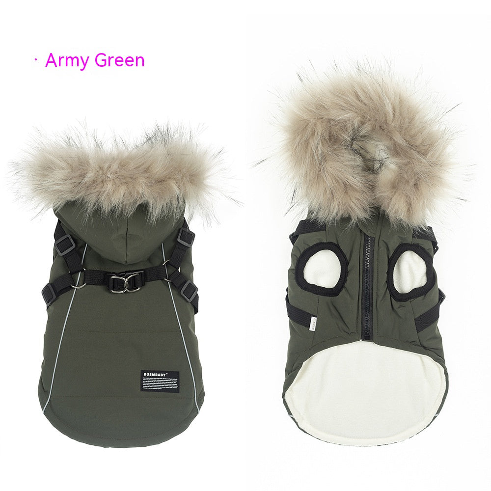 HKM-9257661 Fleece-Lined Dog Raincoat with Traction Strap for Autumn and Winter Wear