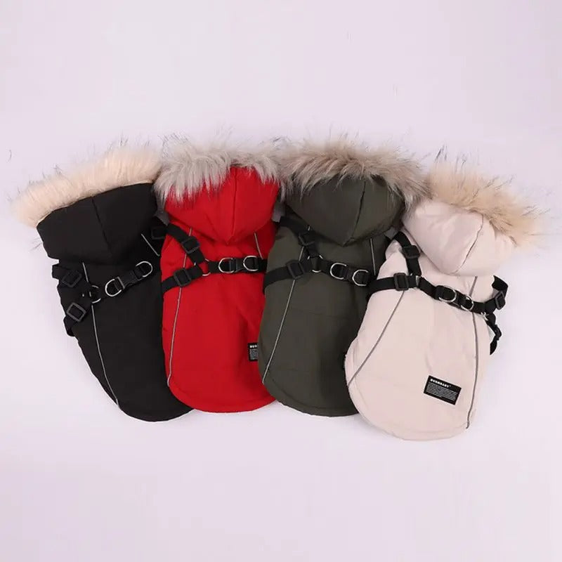 HKM-9257661 Fleece-Lined Dog Raincoat with Traction Strap for Autumn and Winter Wear