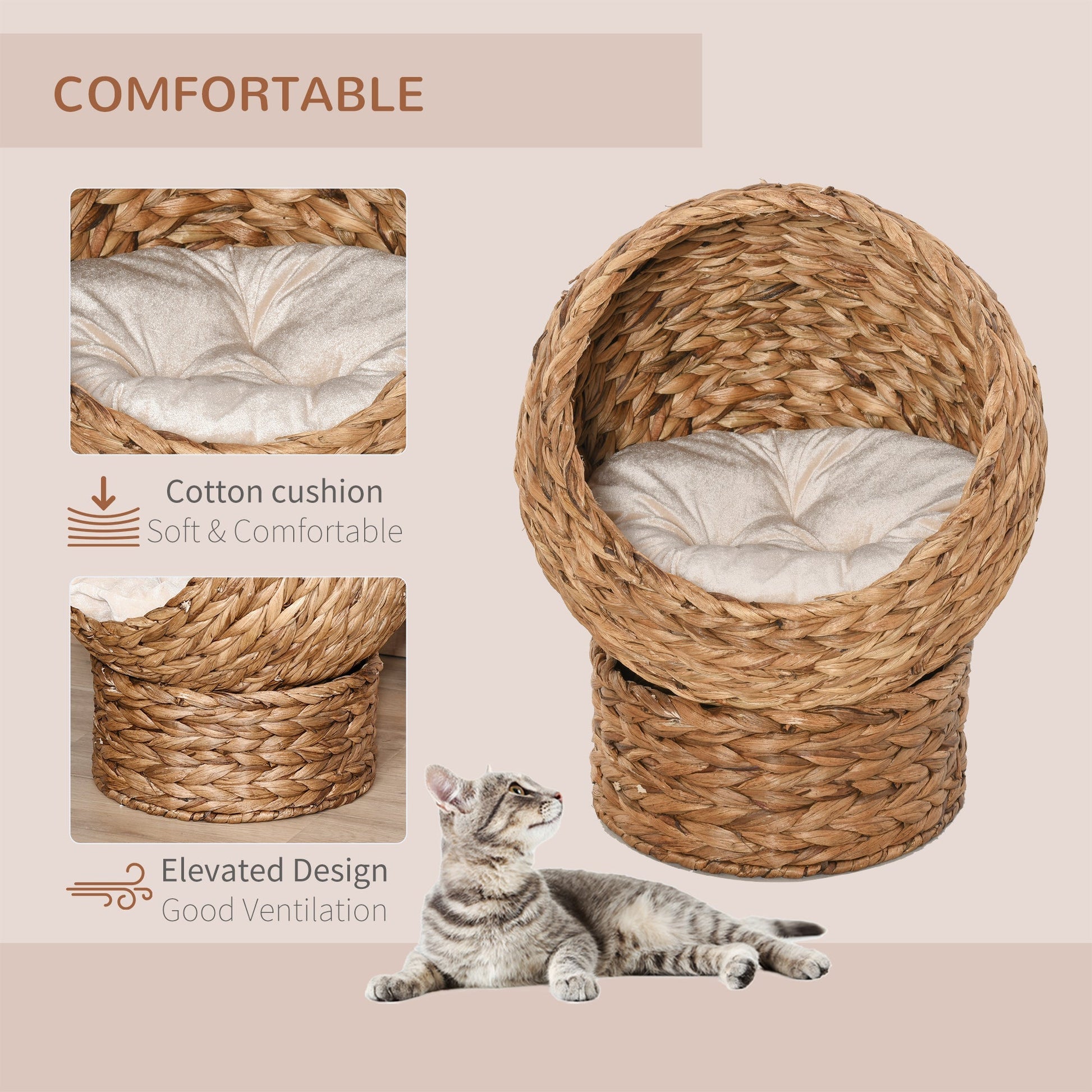 HKM-9261501 Elevated Handwoven Cat Bed with Soft Cushion and Rotating Basket Design