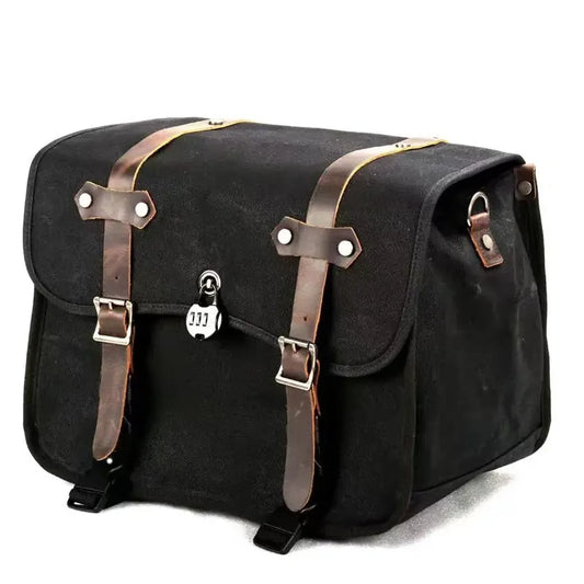 HKM-926227 Vintage Motorcycle Rear Seat Bag in Batik Canvas with Leather Accents - Durable and Waterproof Riding Tail Bag for Full Helmets