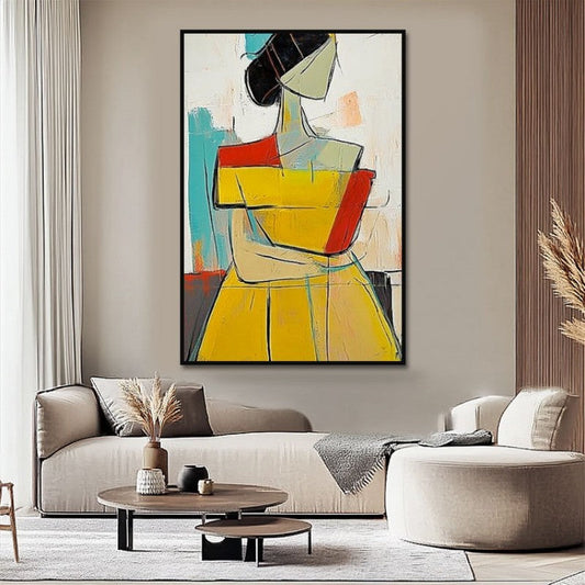 HKM-926291 Large Hand-Painted Abstract Oil Painting of Vintage People in Brown and Yellow, Modern Wall Art for Home Decor