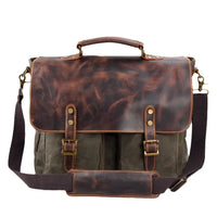 HKM-926419 Large Capacity Retro Canvas Crossbody Shoulder Bag with Crazy Horse Skin for 15.6-inch Laptop