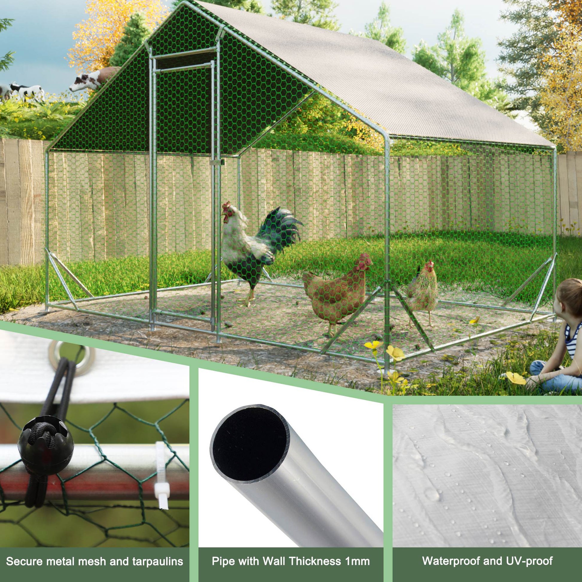 HKM-9266493 Large Walk-In Chicken Coop with Galvanized Wire and Waterproof Cover for Poultry and Small Animals