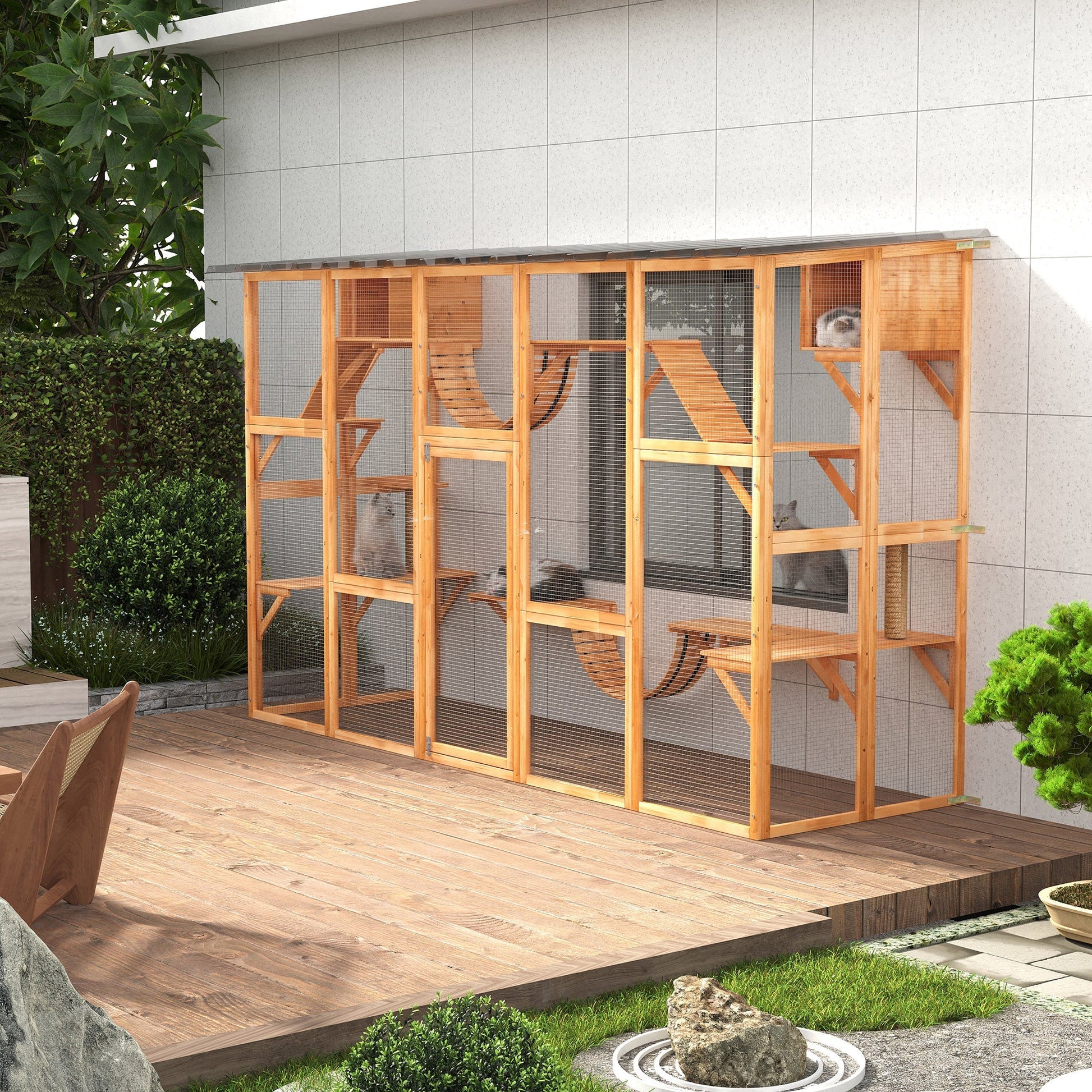 HKM-9266877 Large Orange Catio with Multiple Shelves, Bridges, Ramps, and Cat Boxes for Outdoor Use