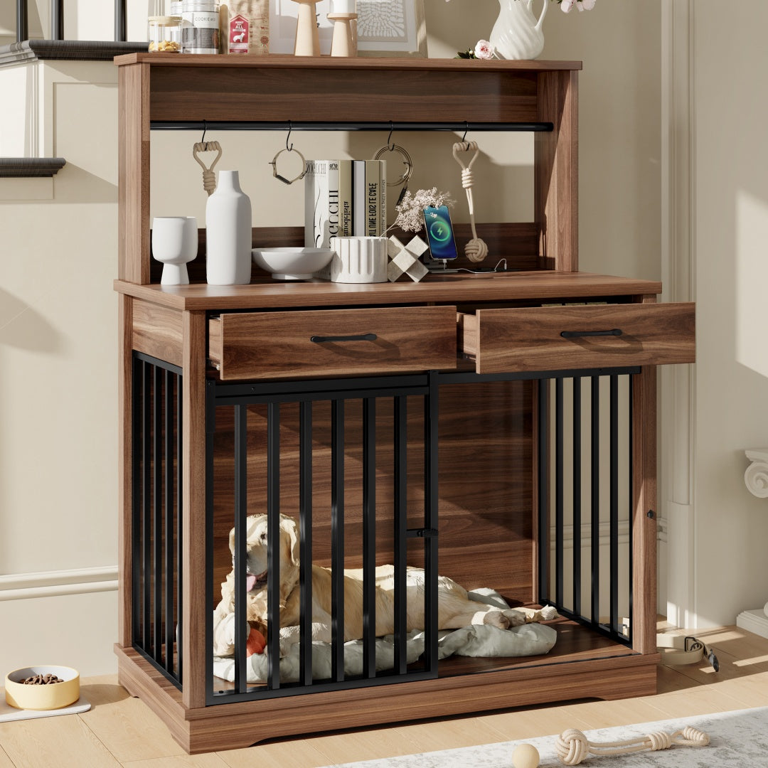 HKM-9270205 Heavy Duty 38" Dog Crate Furniture with Storage Drawers and Sliding Door, Indoor Table for Medium Dogs, Brown