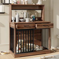 HKM-9270205 Heavy Duty 38" Dog Crate Furniture with Storage Drawers and Sliding Door, Indoor Table for Medium Dogs, Brown