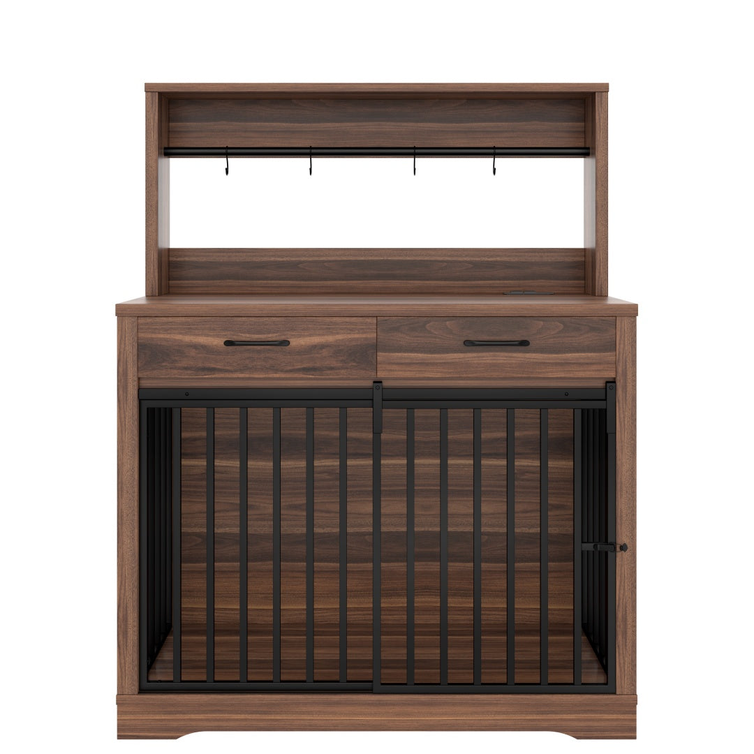 HKM-9270205 Heavy Duty 38" Dog Crate Furniture with Storage Drawers and Sliding Door, Indoor Table for Medium Dogs, Brown