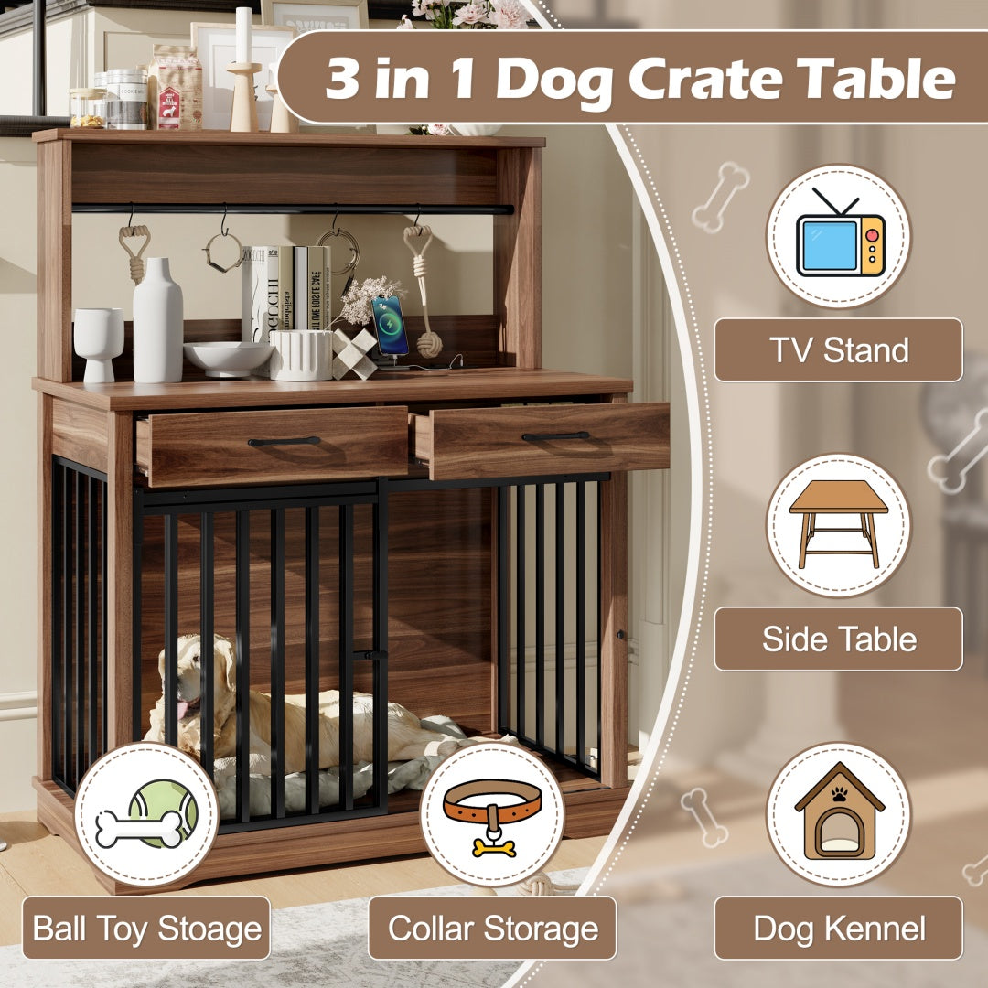 HKM-9270205 Heavy Duty 38" Dog Crate Furniture with Storage Drawers and Sliding Door, Indoor Table for Medium Dogs, Brown