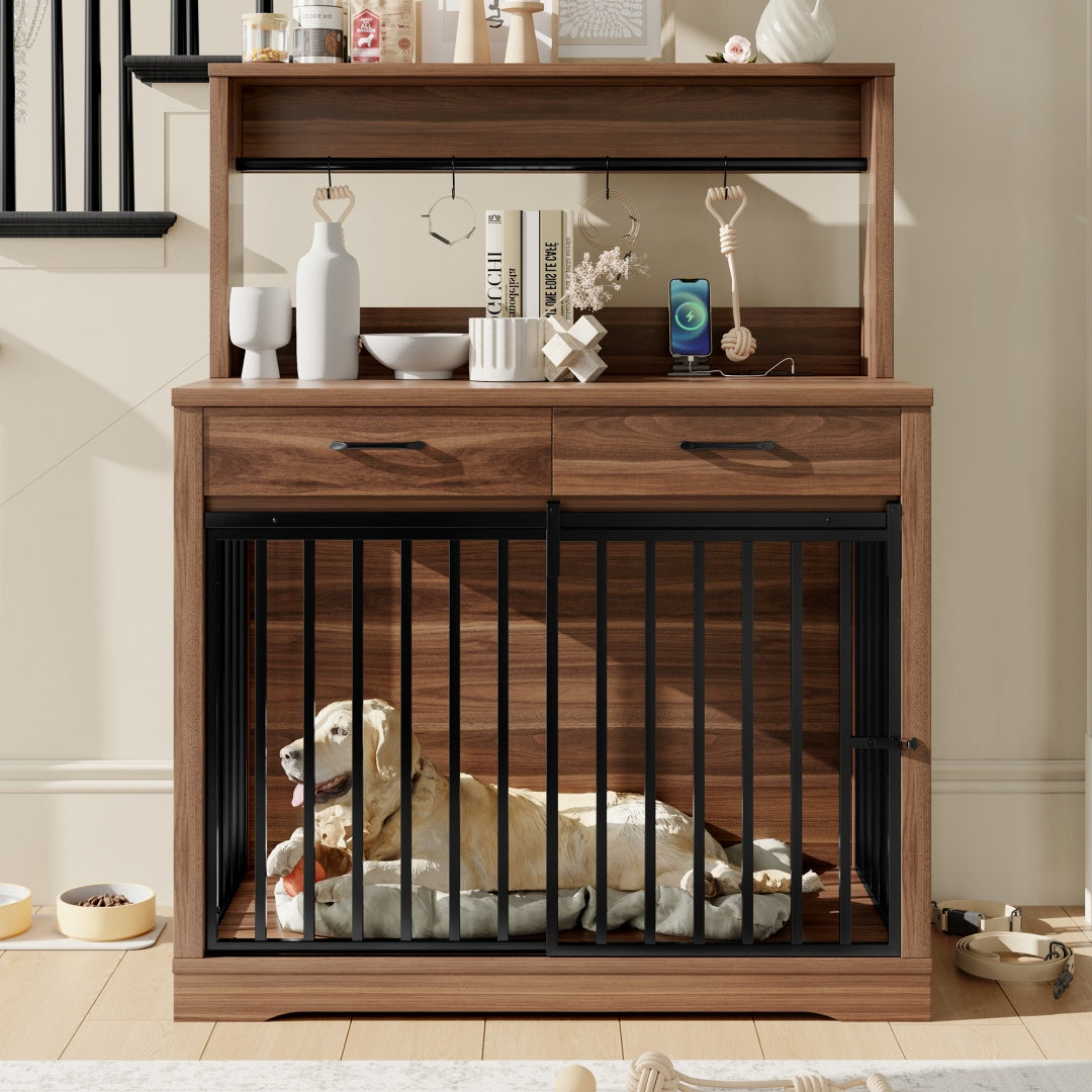 HKM-9270205 Heavy Duty 38" Dog Crate Furniture with Storage Drawers and Sliding Door, Indoor Table for Medium Dogs, Brown