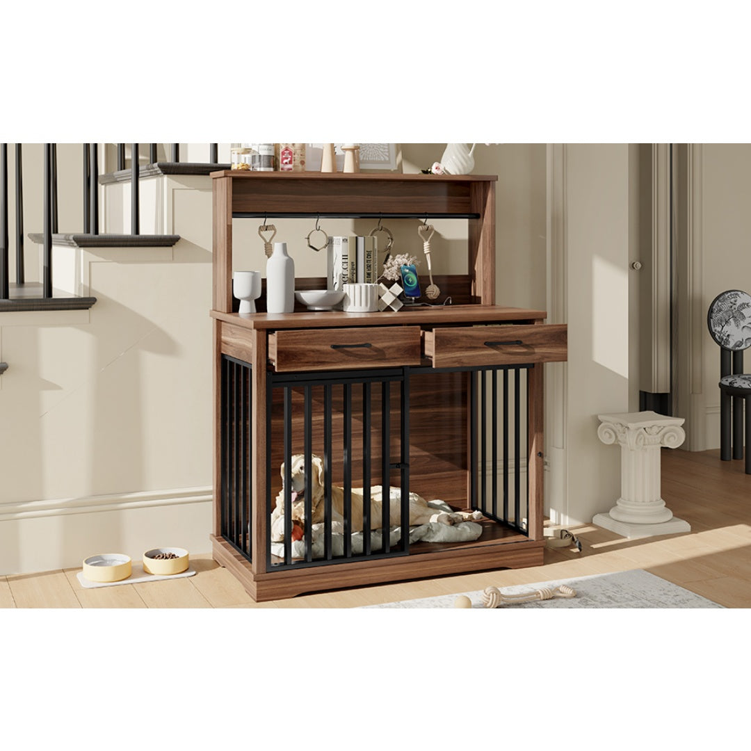 HKM-9270205 Heavy Duty 38" Dog Crate Furniture with Storage Drawers and Sliding Door, Indoor Table for Medium Dogs, Brown