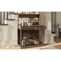HKM-9270205 Heavy Duty 38" Dog Crate Furniture with Storage Drawers and Sliding Door, Indoor Table for Medium Dogs, Brown