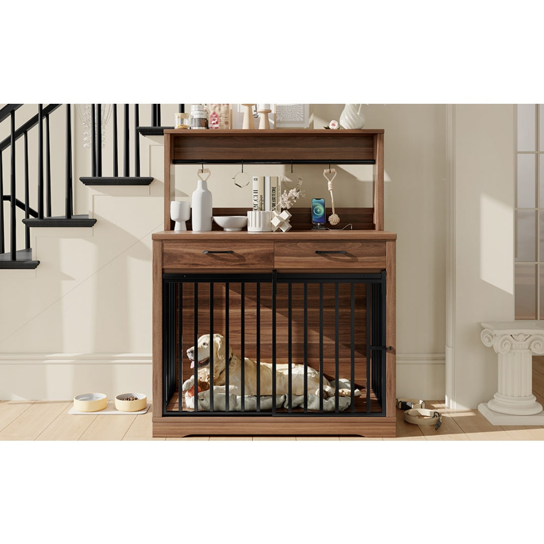 HKM-9270205 Heavy Duty 38" Dog Crate Furniture with Storage Drawers and Sliding Door, Indoor Table for Medium Dogs, Brown